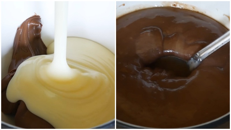 Trộn hỗn hợp nutella và sữa đặc để làm kem nutella hộp Trộn hỗn hợp nutella và sữa đặc để làm kem nutella hộp