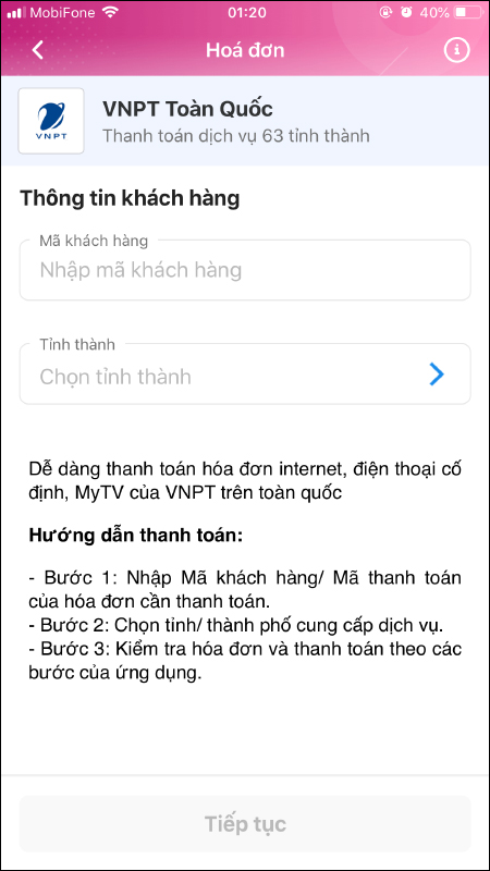 Thanh toán cước Internet VNPT qua ví điện tử