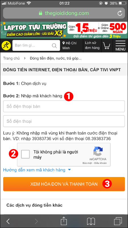 Thanh toán cước Internet VNPT qua Thế giới Di động/Điện máy XANH