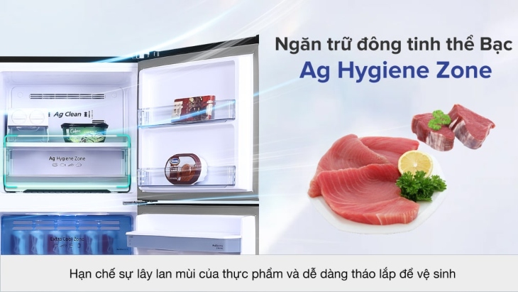 Công nghệ Blue Ag+ và ngăn trữ đông tinh thể bạc Ag Hygiene Zone giữ tủ lạnh luôn sạch sẽ, loại bỏ đến 99,99% vi khuẩn, hạn chế lây mùi