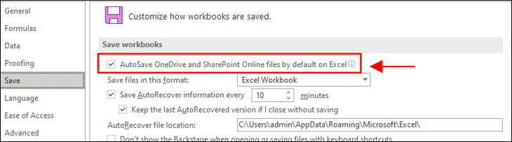 Chọn tùy chọn AutoSave OneDrive and SharePoint Online files by default in Excel