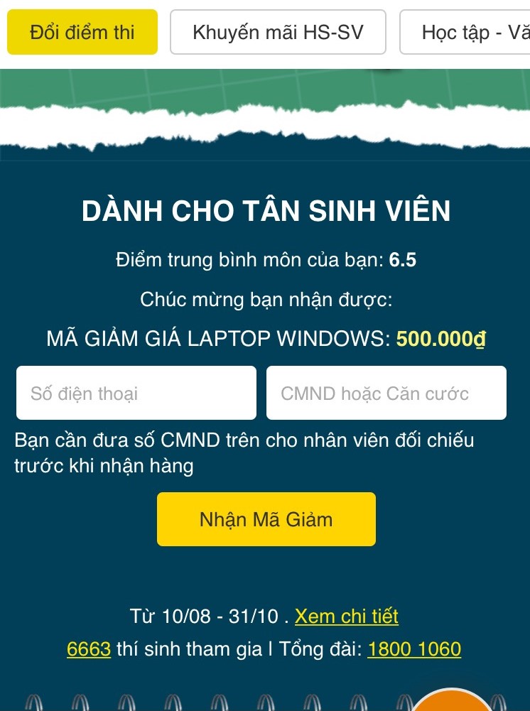 Hướng dẫn đổi điểm thi mua máy tính, phụ kiện khuyến mãi cực hấp dẫn