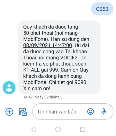 Registration syntax to receive 50 free minutes of MobiFone