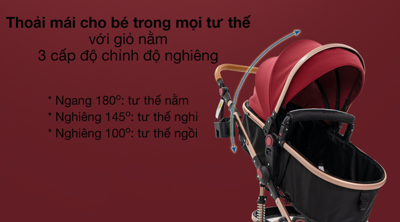 Xe đây tạo cảm giác thoải mái cho bé ở mọi tư thế với giỏ nằm 2 chiều và 3 cấp độ nghiêng