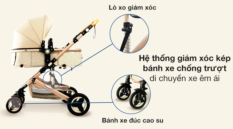 Xe đẩy giúp bé di chuyển an toàn, không rung lắc với hệ thống giảm sốc kép cùng bánh xe chống trượt