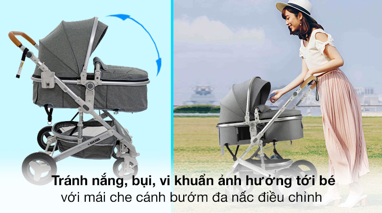 Xe đẩy bảo vệ bé khỏi ánh nắng trực tiếp, bụi bẩn cùng mái che cánh bướm đa nấc