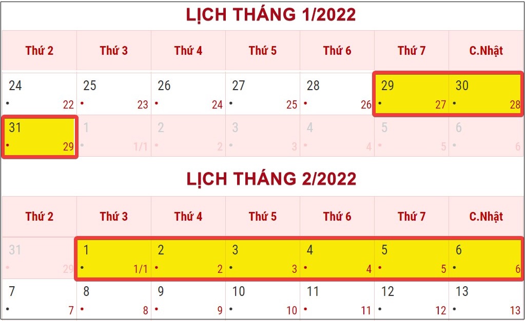 Lịch nghỉ Tết Nguyên Đán 2022 cho người lao động là công chức, viên chức