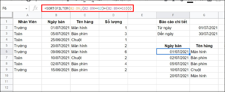 Hàm Sort kết hợp với hàm Filter