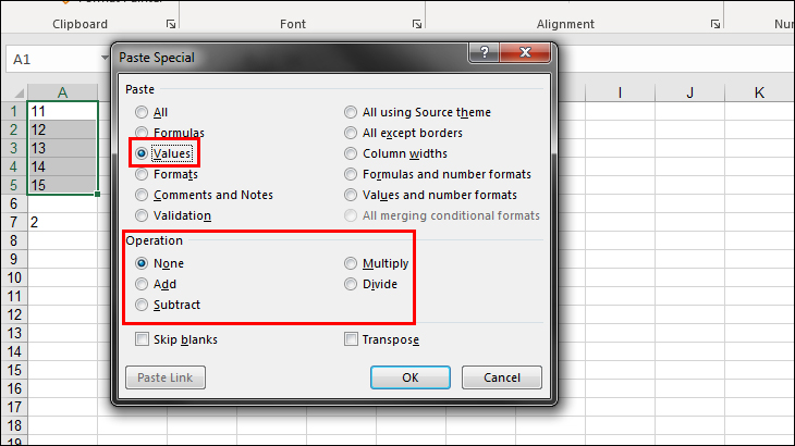 Chọn Value và phép tính ở bảng Paste Special