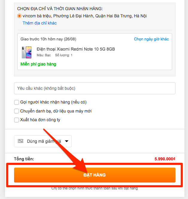 Bạn điền thông tin cá nhân chính xác để đặt hàng. Sau đó bạn hãy chọn mục ĐẶT HÀNG.