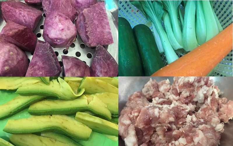 Sơ chế một số nguyên liệu để làm món kimbap khoai lang tím cuộn thịt và rau củ