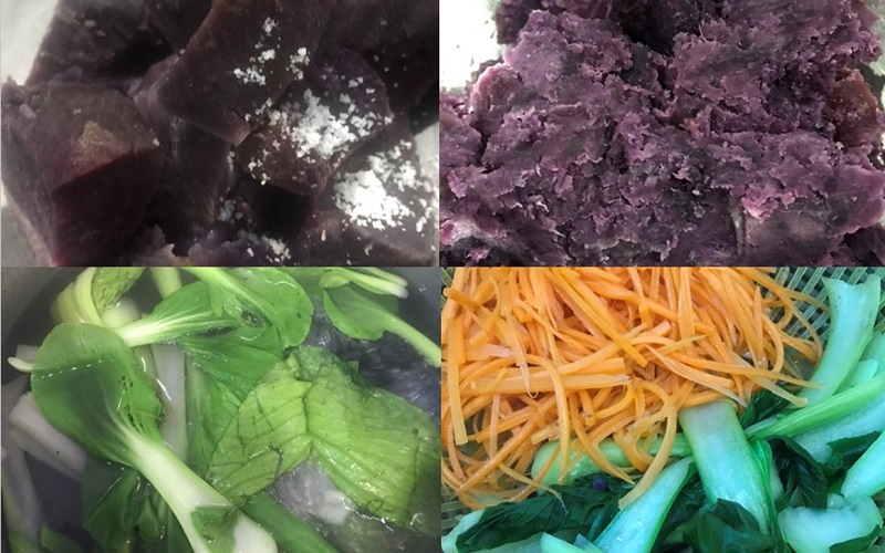 Hấp khoai và chần sơ rau củ để làm kimbap khoai lang tím cuộn thịt và rau củ