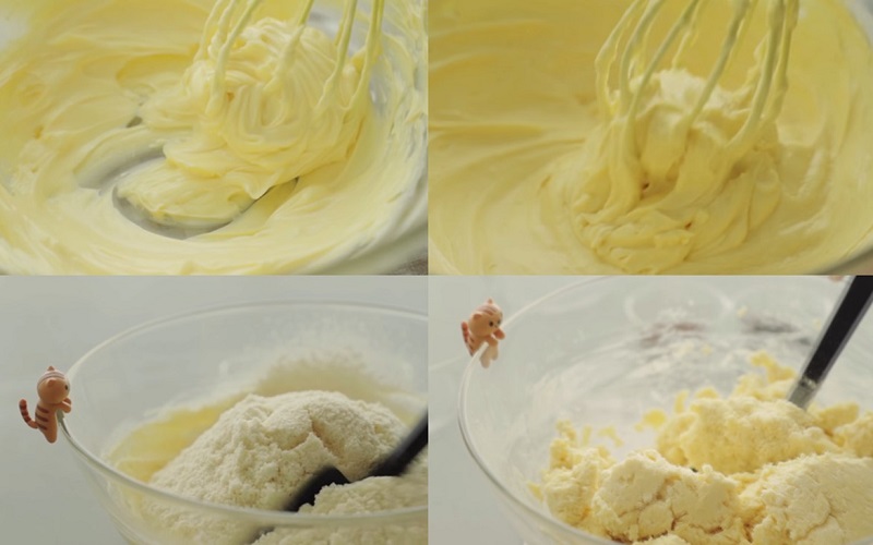 Đánh hỗn hợp bơ sau đó trộn với bột để tạo thành bột bánh.