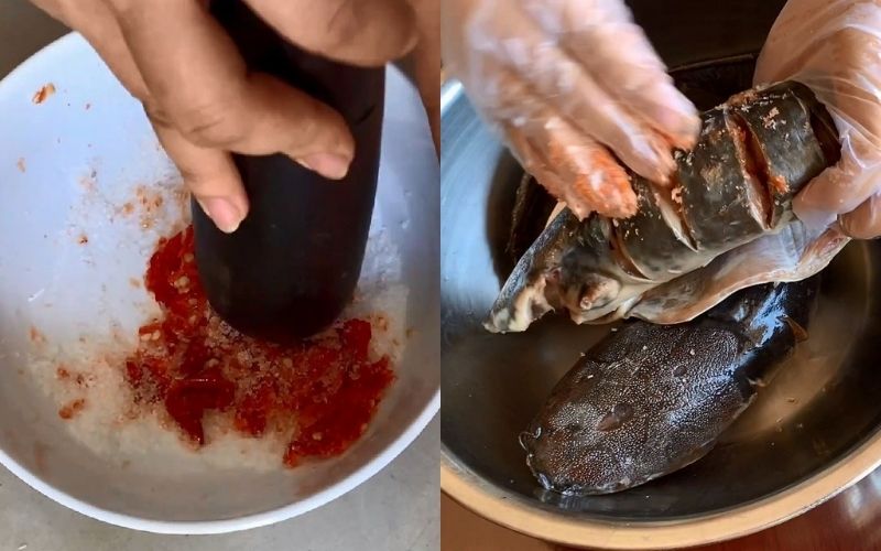 Nướng cá với muối tiêu trên bếp than hồng.