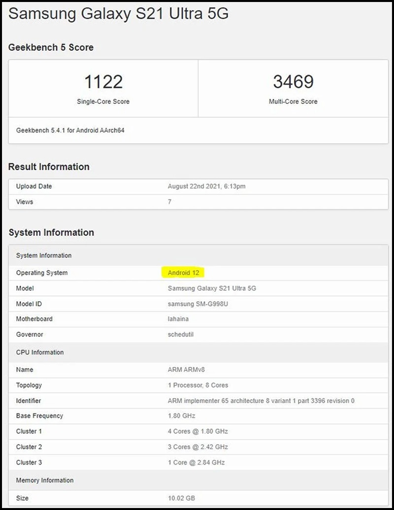 Lộ thông tin Samsung Galaxy S21 Ultra 5G chạy Android 12