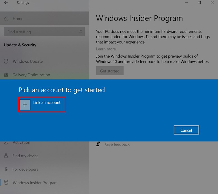 Chọn Link an account để đăng nhập tài khoản Microsoft của bạn vào chương trình Insider