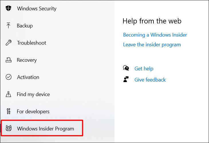 Chọn Windows Insider program ở danh sách các mục bên trái