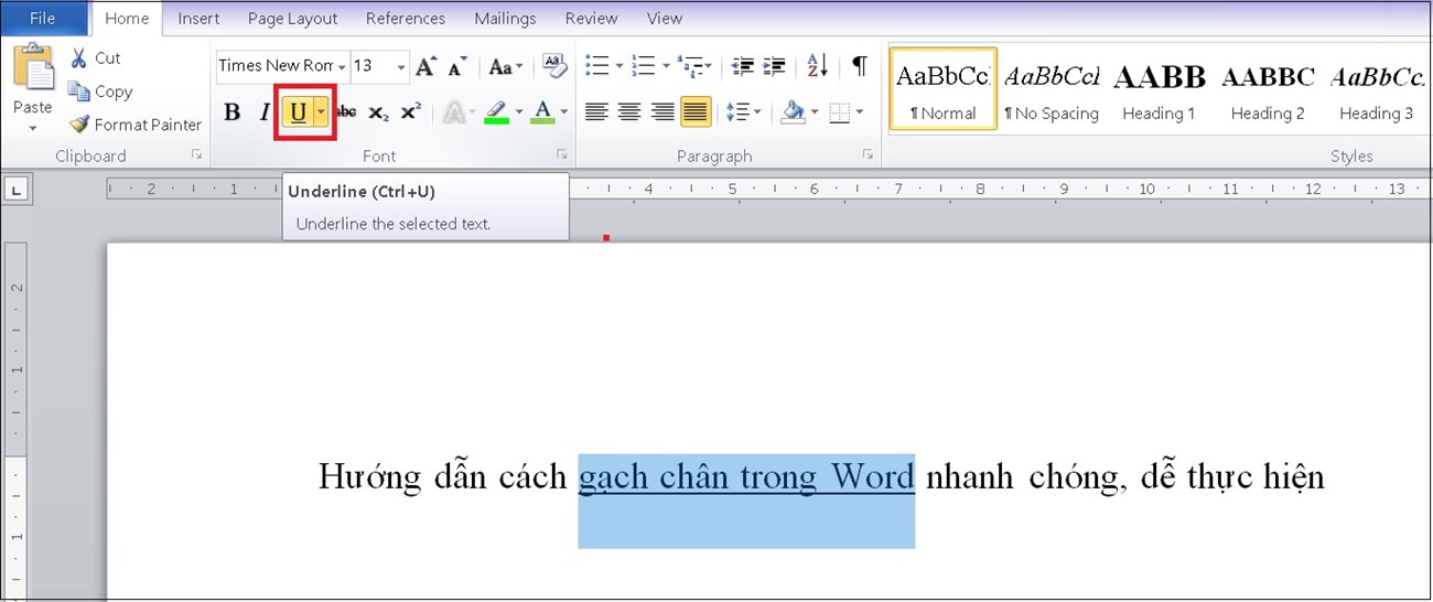 Tại Tab Home, mục Font bạn chọn biểu tượng chữ U có gạch chân bên dưới.