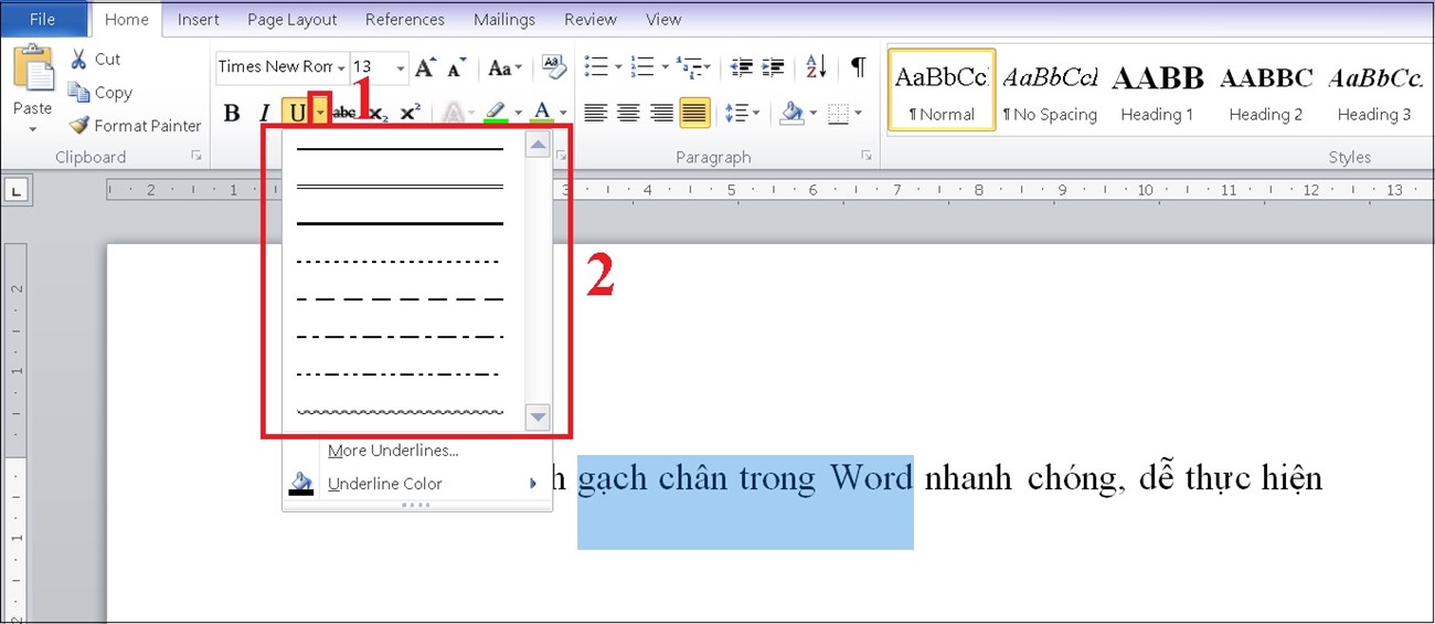 Bạn nhấn vào nút mũi tên > lựa chọn kiểu gạch chân 