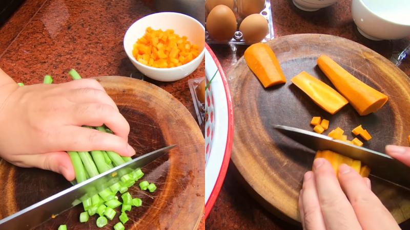 Cắt đậu que và cà rốt thành hình hạt lựu