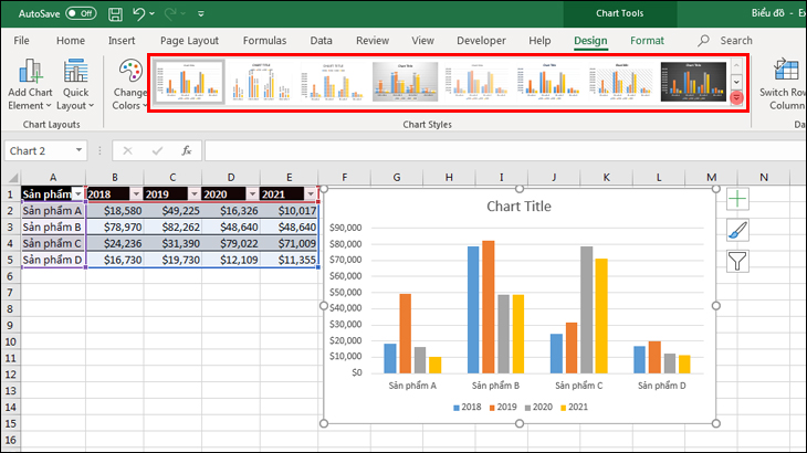 Chọn các phong cách biểu đồ có sẵn trong Excel