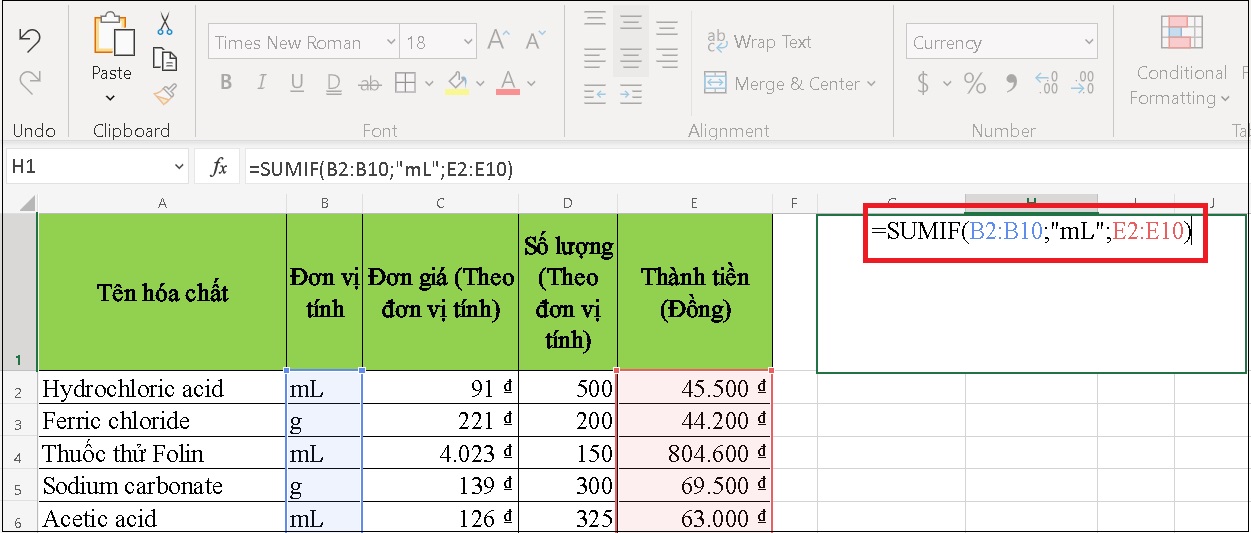 Tính tổng thành tiền của hóa chất có đơn vị tính là mL.