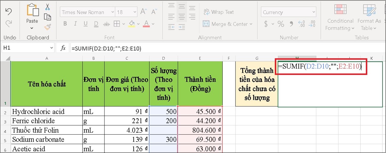 Tính tổng thành tiền của các hóa chất chưa có số lượng