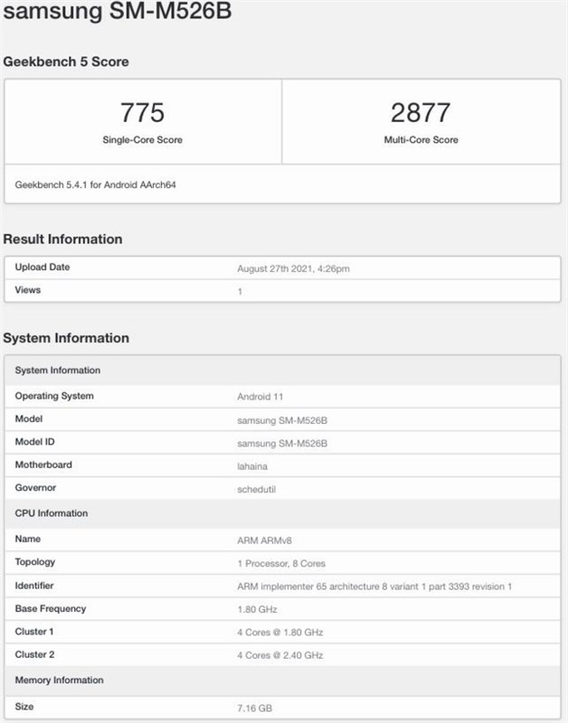 Galaxy M52 5G phiên bản RAM 8GB xuất hiện trên Geekbench Galaxy M52 5G phiên bản RAM 8GB xuất hiện trên Geekbench