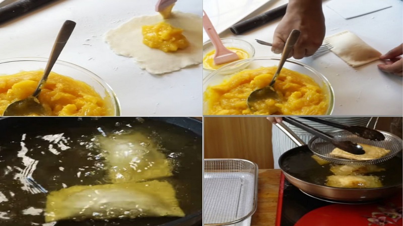 Công đoạn nhồi nhân và chiên bánh