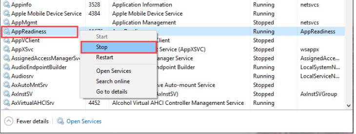 hấn chuột phải vào AppReadiness,chọn Stop