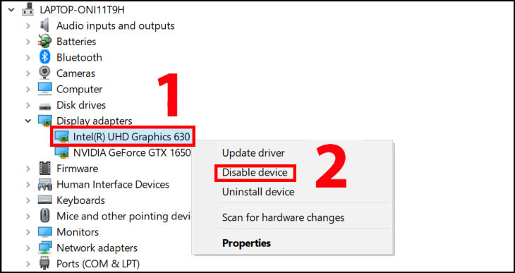 Tại mục Display adapter, bạn nhấp chuột phải vào card màn hình rời đang sử dụng sau đó chọn Disable