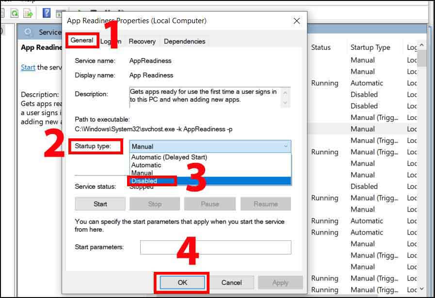 Chọn tab General > ở mục Startup type, bạn chọn giá trị Disabled > Nhấn OK để xác nhận