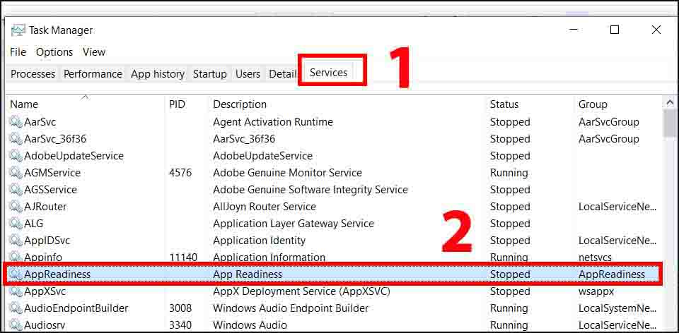  Chọn tab Services, sau đó nhấp chọn AppReadiness.