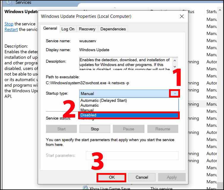 Bạn vào mục Startup type > chọn Disabled và nhấn OK để kết thúc cài đặt.