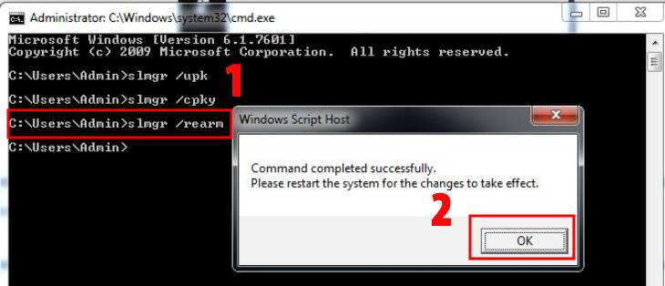Nhập lệnh slmgr/ rearm và nhấn OK