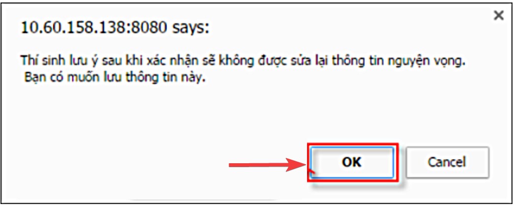 Nhấn OK để xác nhận điều chỉnh nguyện vọng