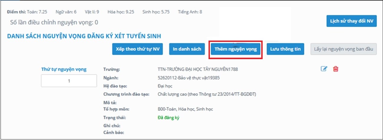 Thêm mới nguyện vọng