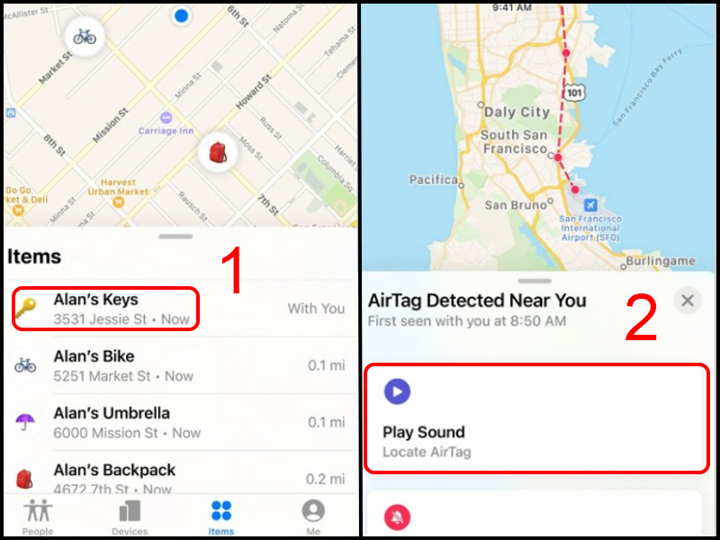 Nhấn chọn vào tên AirTag bạn muốn phát âm thanh > Chọn Play Sound 