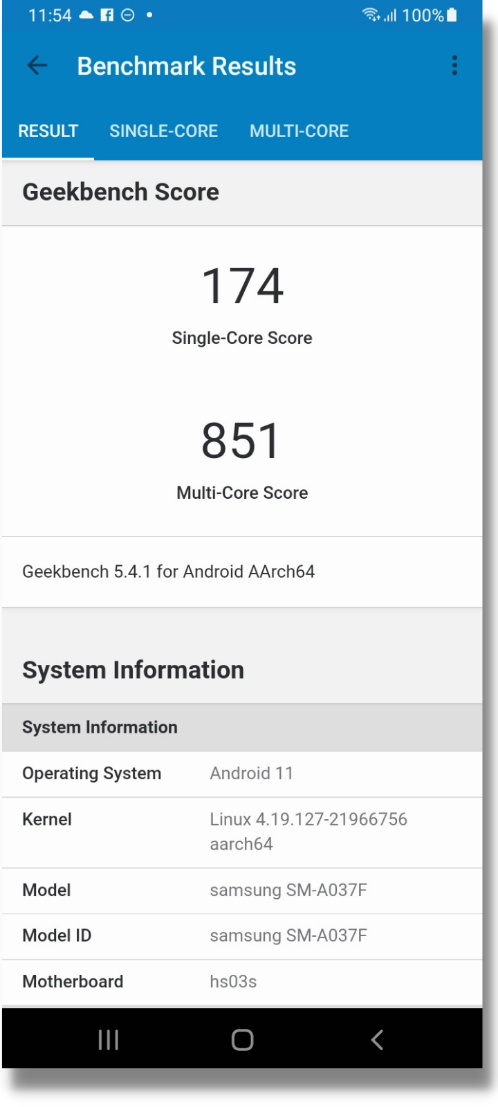 Điểm GeekBench 5 (đơn nhân/đa nhân) của Galaxy A03s.