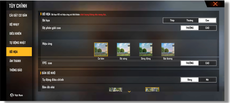 Thiết lập đồ họa trong Free Fire mà Galaxy A03s có thể chỉnh được.