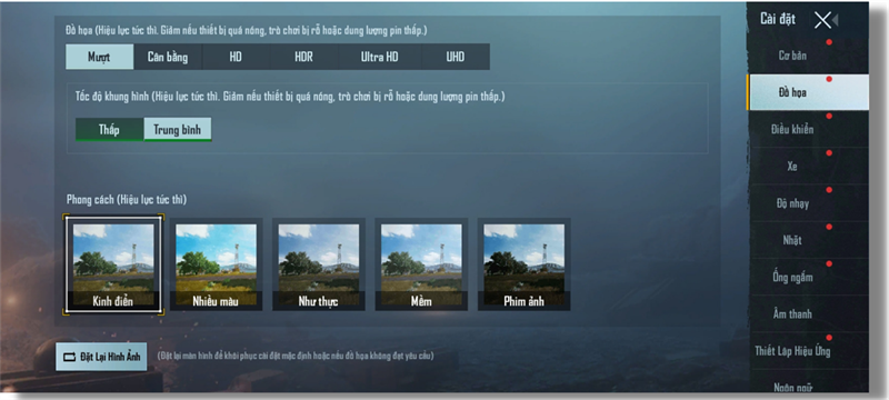 Thiết lập đồ họa trong PUBG Mobile mà Galaxy A03s có thể chỉnh được.