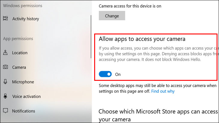 Allow apps to access your camera sang On