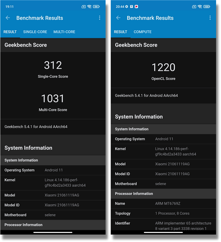 Điểm GeekBench 5 đơn nhân/đa nhân (bên trái) và GPU Compute (bên phải) của Redmi 10.