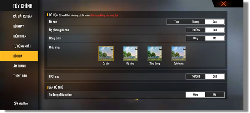 Thiết lập đồ họa trong Free Fire mà Redmi 10 có thể chỉnh được.