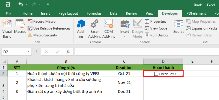 Bấm chuột trái vào ô chứa checkbox