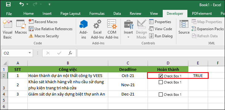 Nếu bạn tick vào checkbox: Ô được liên kết sẽ hiện TRUE