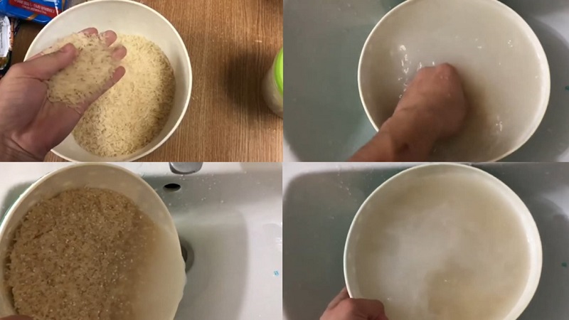 Vo gạo ít nhất 2 lần và đong nước để nấu cơm bằng lò vi sóng.