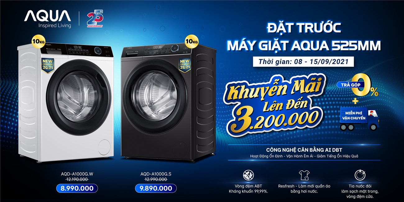 Đặt trước máy giặt lồng ngang AQUA AQD-A1000G - Giảm SỐC đến 3.2 triệu, giá chỉ từ 8.990.000đ