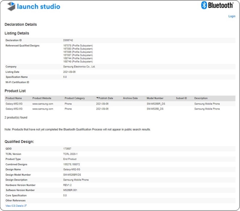Galaxy M52 5G được chứng nhận Bluetooth SIG Galaxy M52 5G được chứng nhận Bluetooth SIG