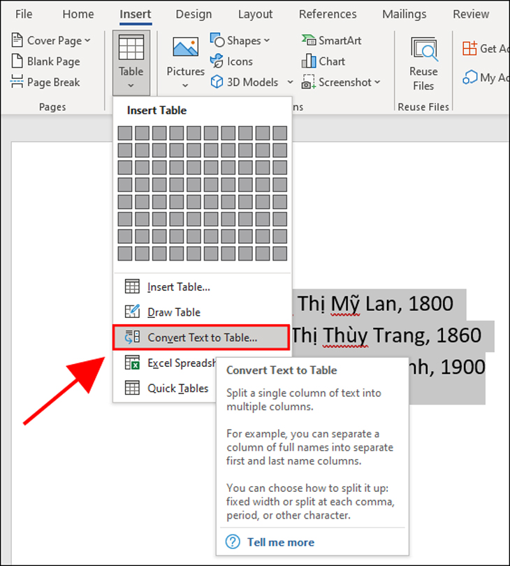 Chọn Convert Text to Table